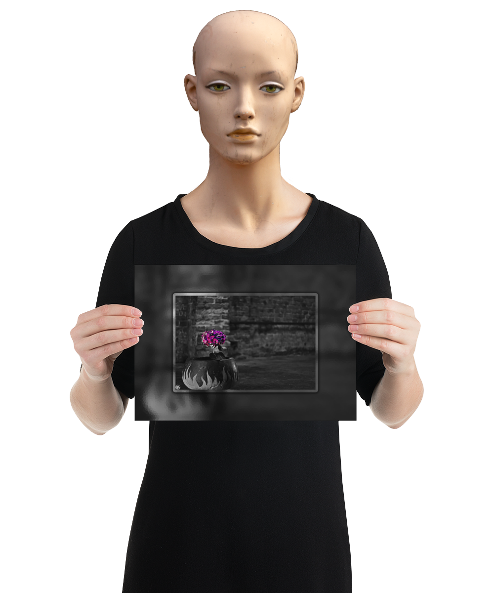 un4rt - the picture shows an edited photo. most of the picture is black and white. the main element is a hydrangea. the flowers of the hydrangea are coloured. the colours are blue and purple. the background is very blurred and only dimly visible. the picture was taken at the maze-club in berlin. the picture is presented by a mannequin.