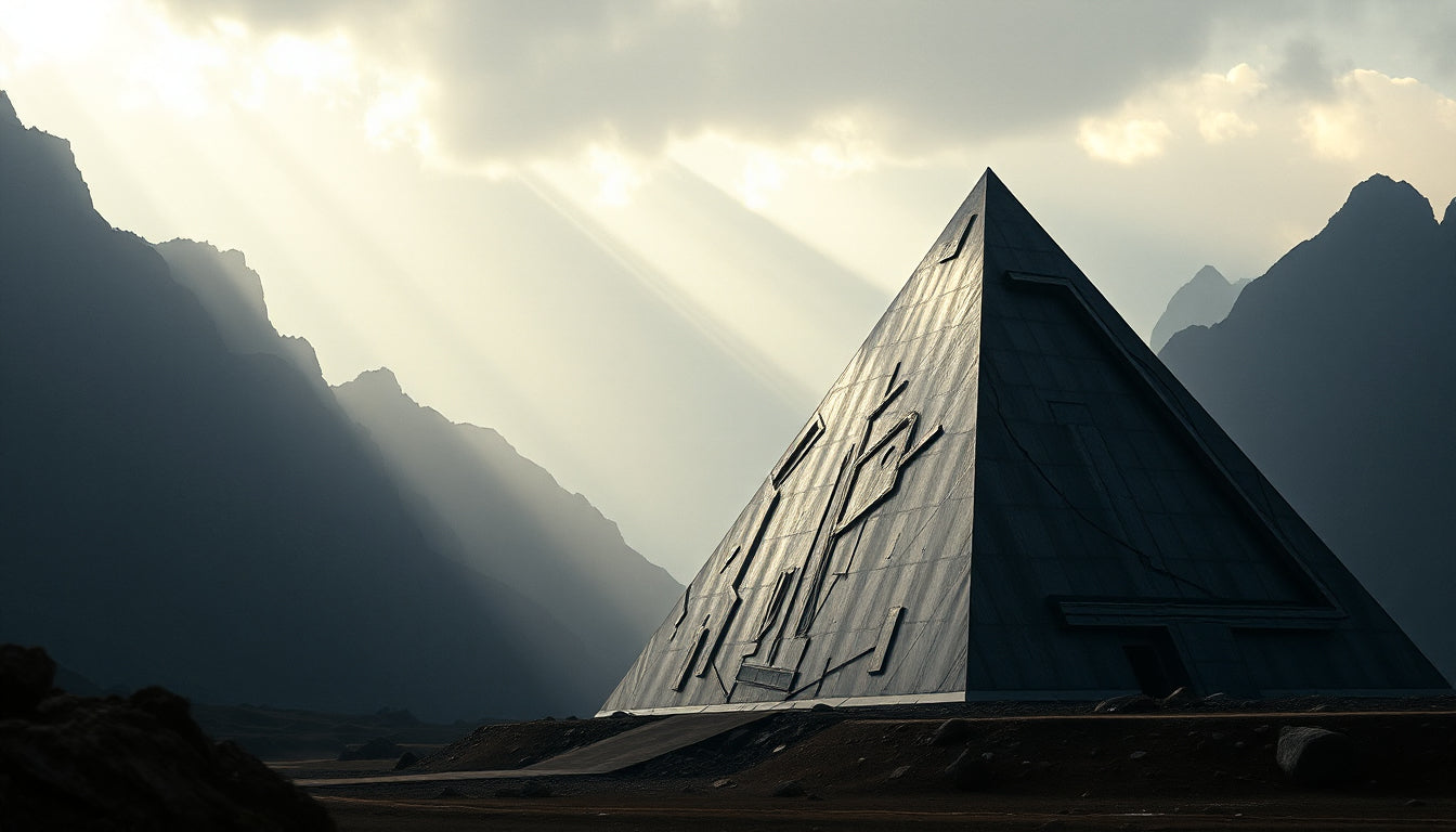 UN4RT - imagem de uma pirâmide de metal em meio a montanhas monolíticas e solo pedregoso, fundo com nuvens e luz solar difusa
