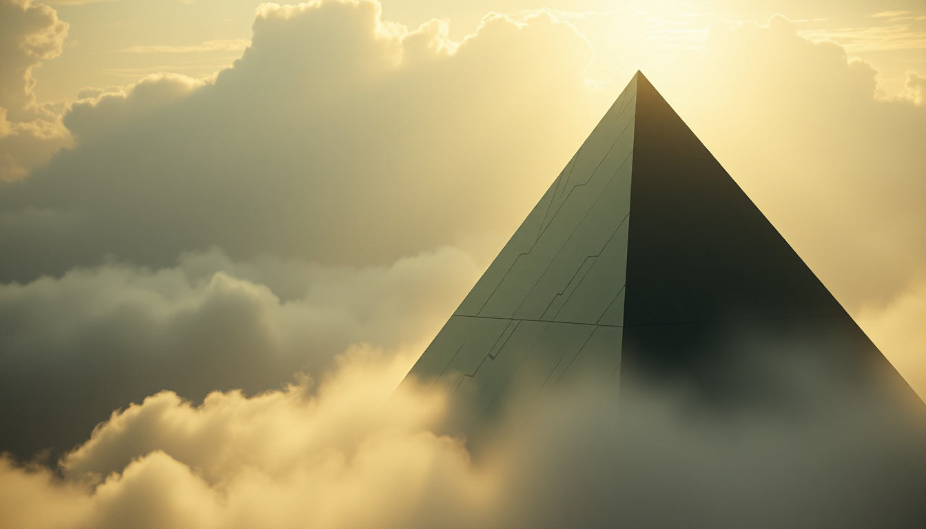 UN4RT - imagem de uma pirâmide feita de espelhos, a cena  em meio a nuvens com formas monolíticas e luz solar difusa