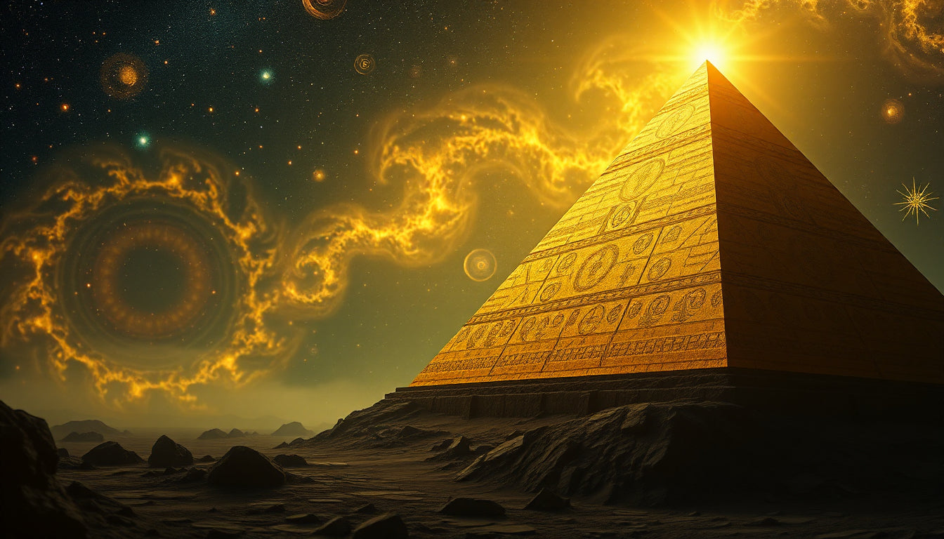 UN4RT - imagem de uma pirâmide feita de ouro com diversos símbolos complexos gravados nela, fundo com galáxias em espiral, cena com luz solar dourada