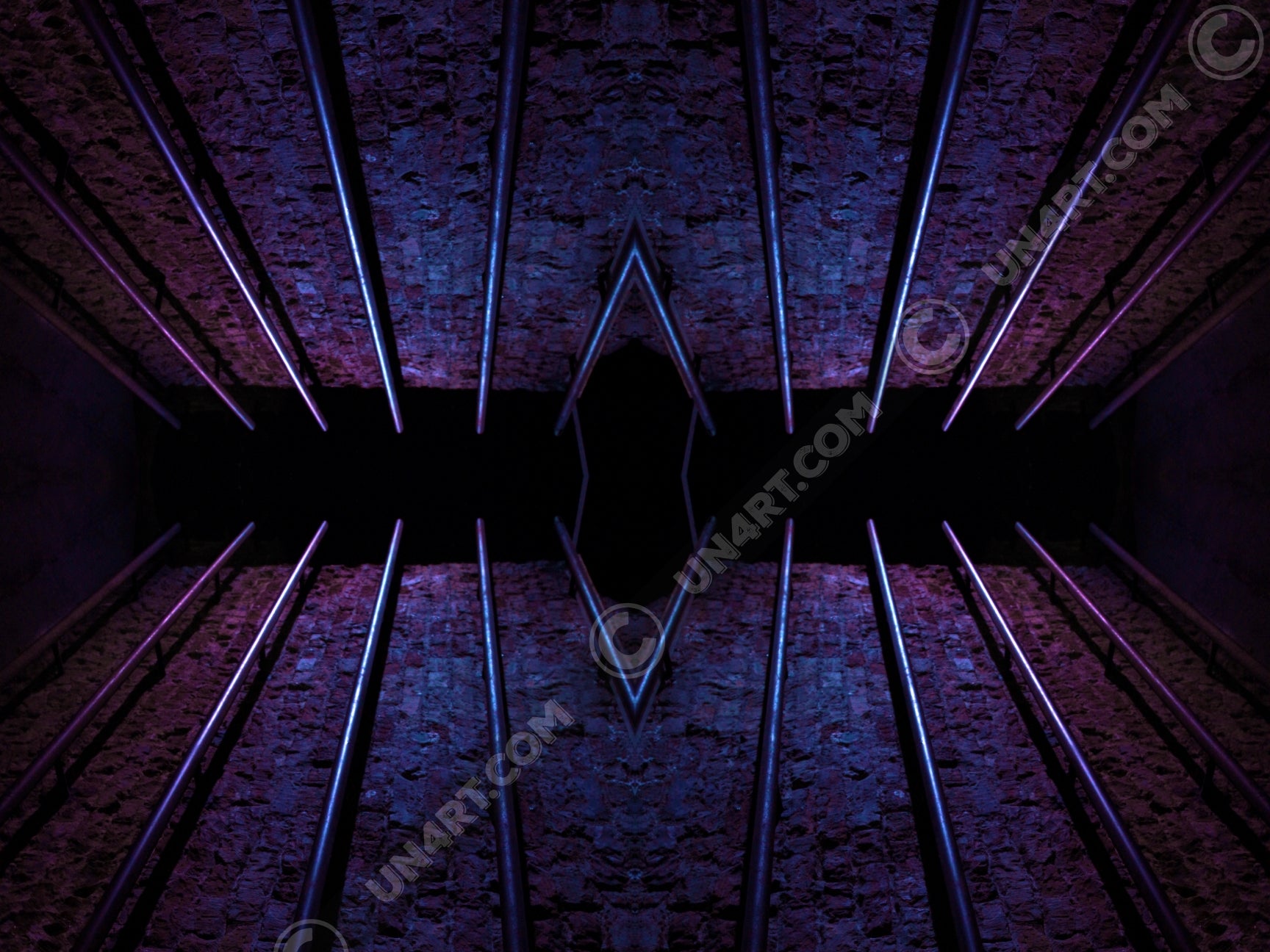 un4rt - the photographie is doubled and then mirrored to create the final image. the image shows an old brick wall with permanently installed steel pipes. the colors range from blue to purple and black.