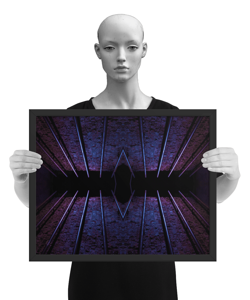 un4rt - the photographie is doubled and then mirrored to create the final image. the image shows an old brick wall with permanently installed steel pipes. the colors range from blue to purple and black. the image is framed and presented by a mannequin in black and white.