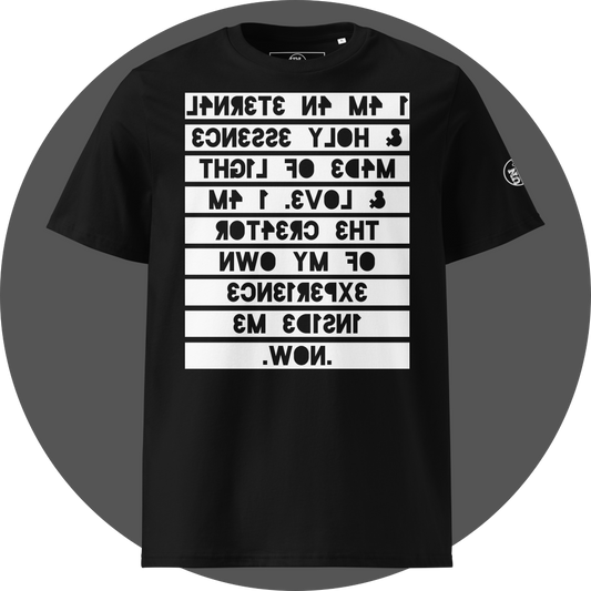 UN4RT black organic cotton t-shirt shown from the front, featuring a large mirrored text artwork printed on a white rectangular background across the chest, displaying the reversed and mirrored phrase "i am an eternal & holy essence, made of light & love. i am the creator of my own experience inside me. now." in bold black lettering, small circular brand logo on the left sleeve.