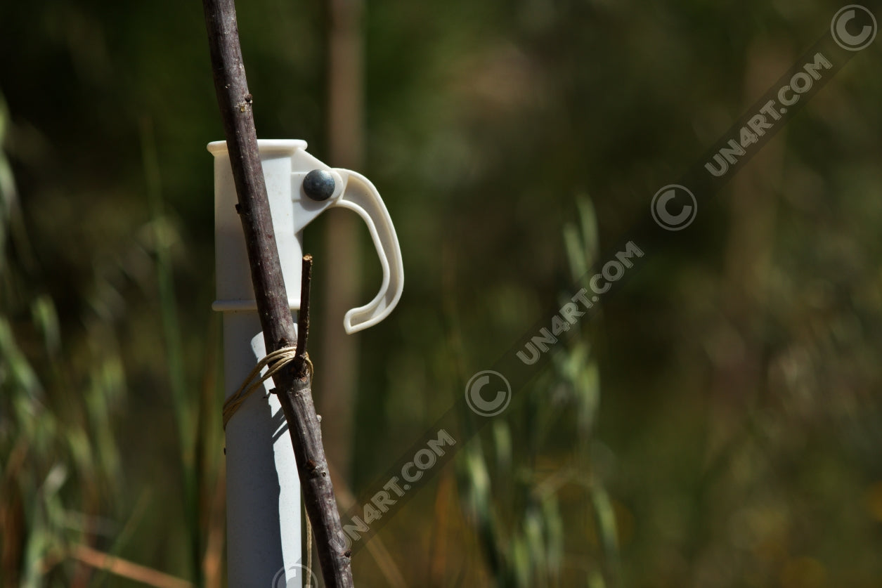 un4rt - the photographie shows a white umbrella stand with a wooden stick attached to it. the wooden stick is tied to the stand. very unsharp background with young trees and wild greenery.