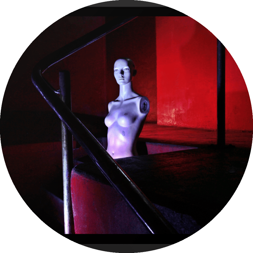 un4rt - the photographie shows the naked upper body of a mannequin without arms in the middle of a staircase. the mannequin is bold. the walls are all red, but due to the minimalistic lighting everything - except the mannequin - looks very dark. the point of view goes through a steel pipe handrail.