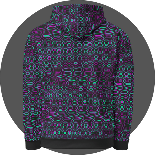 UN4RT liquification all-over-print hoodie back view – black pullover hoodie with psychedelic neon turquoise and magenta liquid wave pattern, small UN4RT logo visible on upper back, drawstring hood and ribbed cuffs and hem.