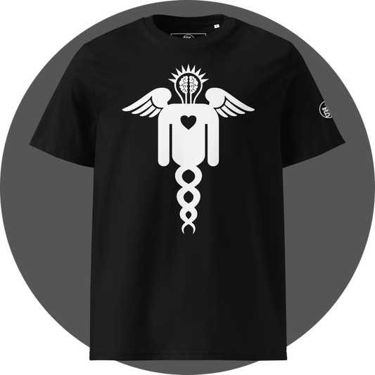 UN4RT black organic cotton t-shirt shown from the front, featuring a large white winged caduceus-style figure with angel wings, a glowing brain in a lightbulb shape at the top, a heart in the center, and a double helix dna strand below, small circular brand logo on the left sleeve.