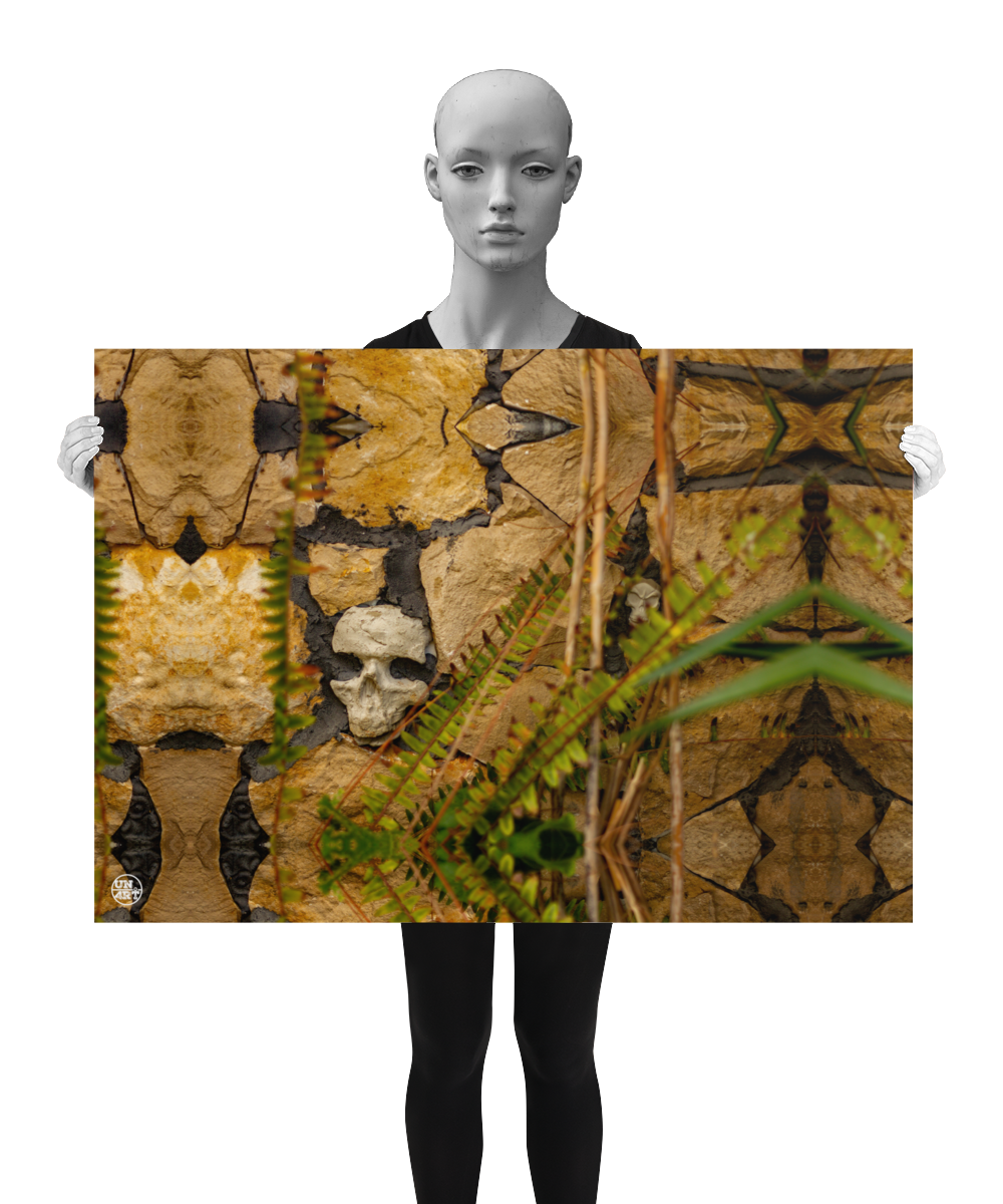 un4rt - a poster. a mirror-framed photographie of a skull embedded in a stone wall. the holes of the eyes are filled with concrete. some plants in front of the stone wall. the poster is presented by a model in black and white.