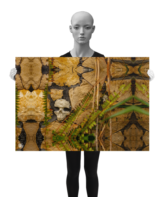 un4rt - a poster. a mirror-framed photographie of a skull embedded in a stone wall. the holes of the eyes are filled with concrete. some plants in front of the stone wall. the poster is presented by a model in black and white.