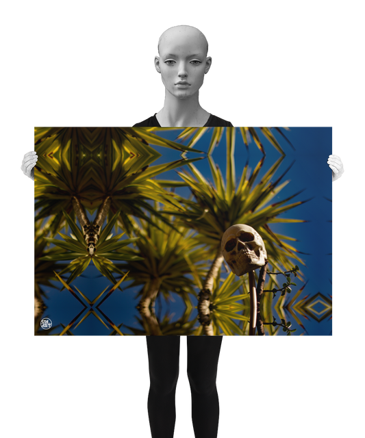 un4rt -a poster. a mirror-framed photographie of a skull on a stick. various yucca trees with a lot of leaves in the background and a blue sky. th poster is presented by a model in black and white.