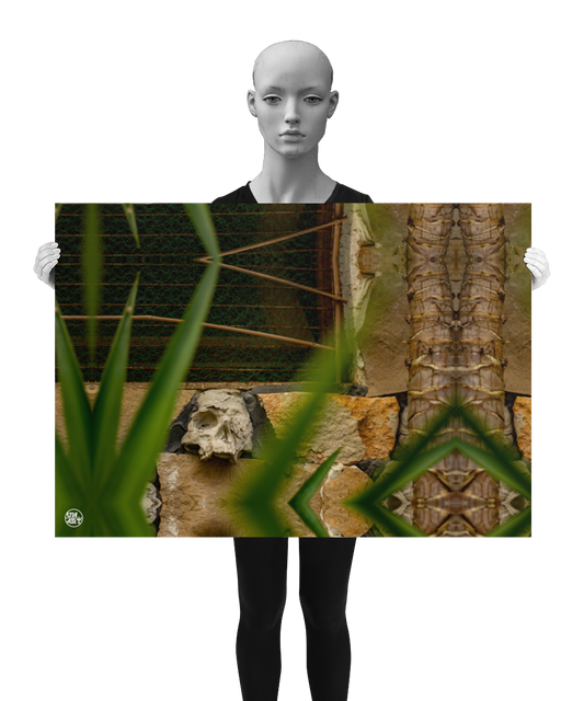 un4rt - a poster. a mirror-framed photographie of a tiny and destructed skull inside a stone wall. there is a window above the skull and a trunk of a yucca tree next to it. some yucca leaves are covering the scene. the poster is presented by a model in black and white.