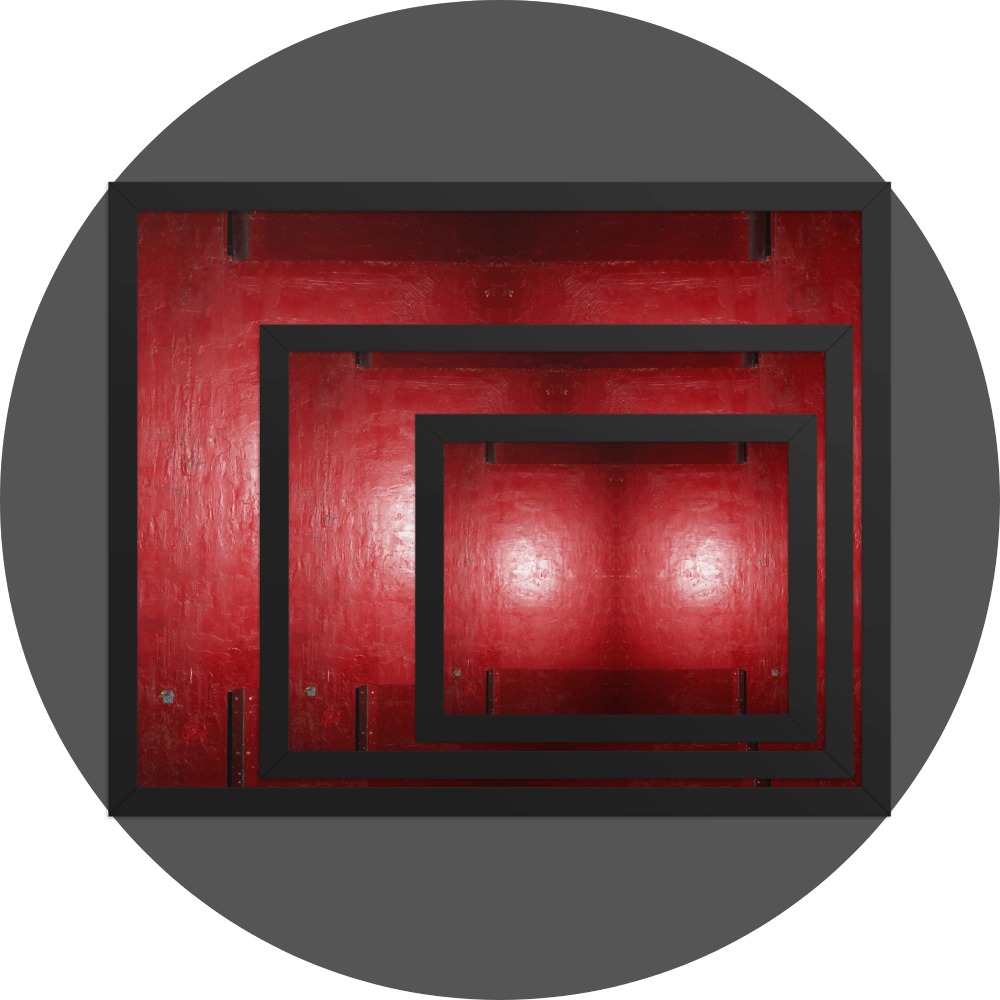 un4rt - the image shows 3 different sizes of the same photographie on top of each other. large size in the back, medium size in the middle and small size on top. the photographie is doubled and then mirrored to create the final image. the image shows a structured red wall with some signs of destruction and a bright reflection of a light in the center. darker parts on the top and the bottom.