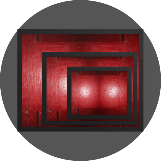 un4rt - the image shows 3 different sizes of the same photographie on top of each other. large size in the back, medium size in the middle and small size on top. the photographie is doubled and then mirrored to create the final image. the image shows a structured red wall with some signs of destruction and a bright reflection of a light in the center. darker parts on the top and the bottom.