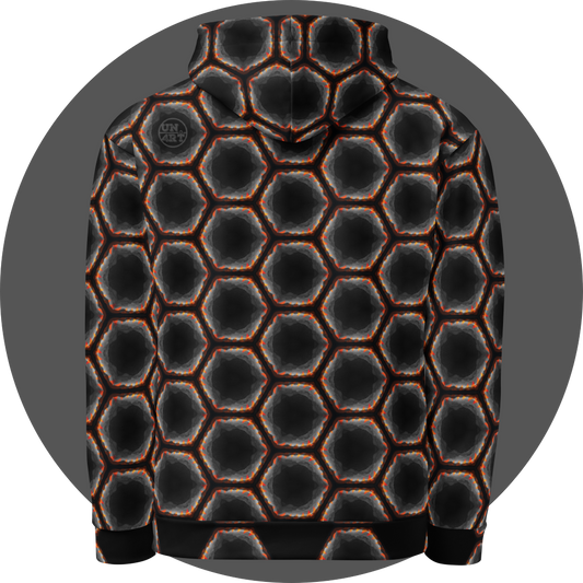 un4rt - the image shows the back of a hoodie with a seamless pattern with a hexagonal honeycomb structure. the background and the center of the honeycombs is black. the frame of the honeycombs consists of orange spikes pointing inwards. the inner frame of the honeycombs consists of several overlapping shades of grey clouds.