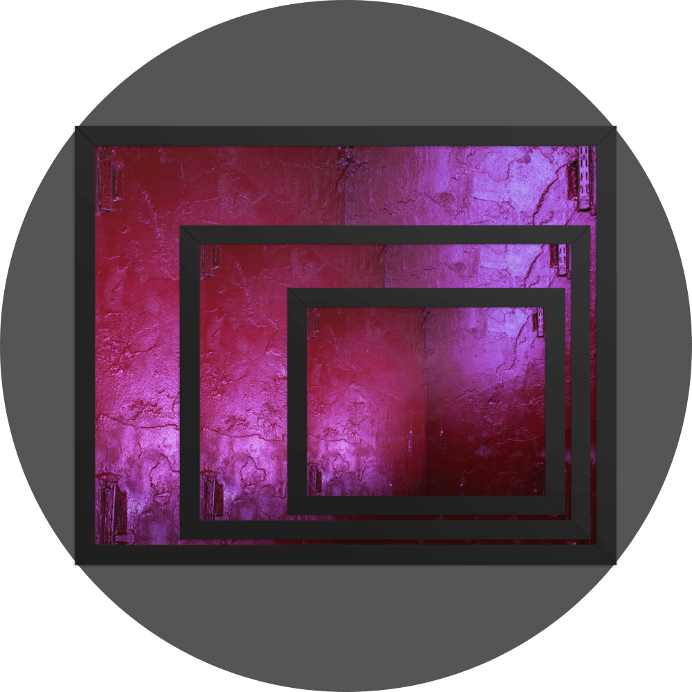 un4rt - the image shows 3 different sizes of the same photographie on top of each other. large size in the back, medium size in the middle and small size on top. the photographie is doubled and then mirrored to create the final image. the image shows a hardly structured red wall with a painted shelf bracket. reflections of light. the colors range from dark red to bright purple.