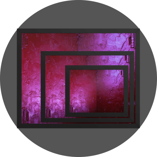 un4rt - the image shows 3 different sizes of the same photographie on top of each other. large size in the back, medium size in the middle and small size on top. the photographie is doubled and then mirrored to create the final image. the image shows a hardly structured red wall with a painted shelf bracket. reflections of light. the colors range from dark red to bright purple.