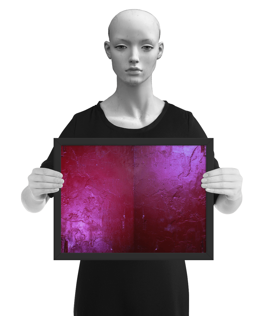 un4rt - the photographie shows a hardly structured red wall with a painted shelf bracket. reflections of light. the colors range from dark red to bright purple. the image is framed and resented by a mannequin in black and white.