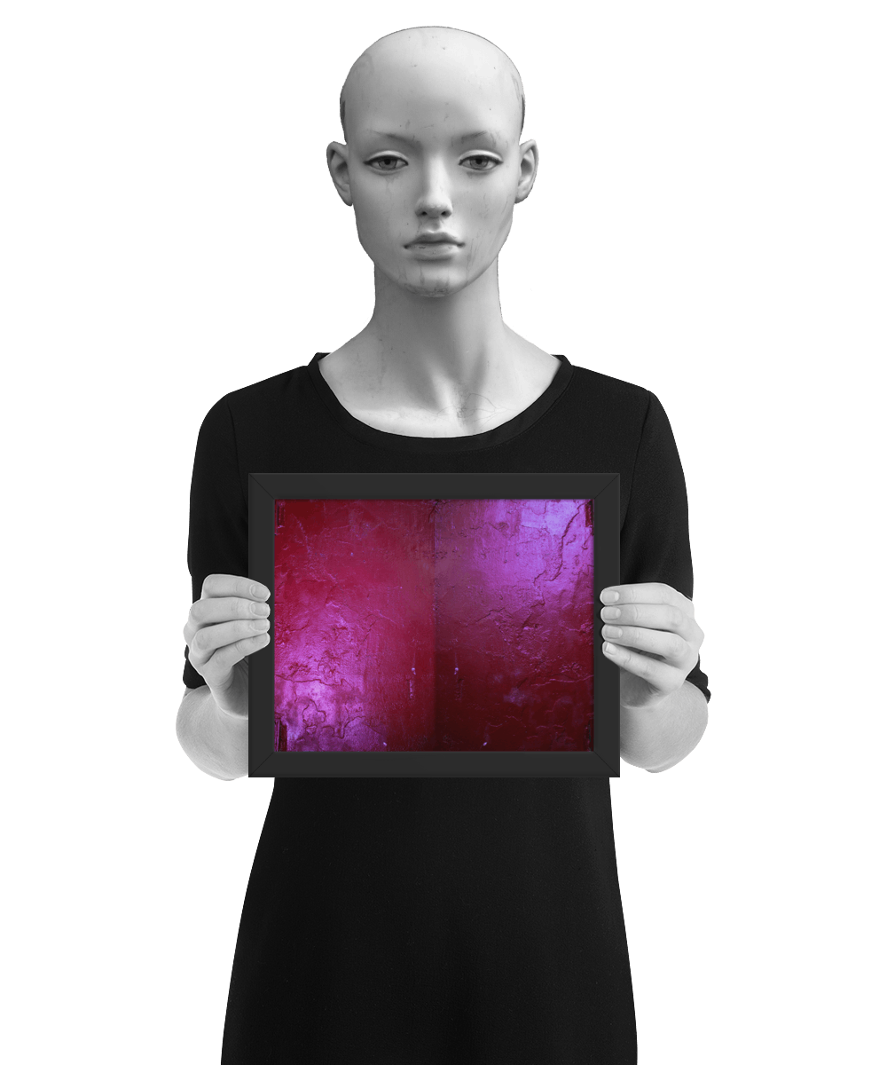 un4rt - the photographie shows a hardly structured red wall with a painted shelf bracket. reflections of light. the colors range from dark red to bright purple. the image is framed and resented by a mannequin in black and white.