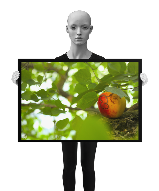un4rt - photographie of a red and yellow apple on a tree trunk. the apple shows traces of a worm under its skin. the trunk has new sprouts. the sprouts are full of leaves. the leaves are all around. bookeh, blurry background. the image is held by a mannequin in black and white.