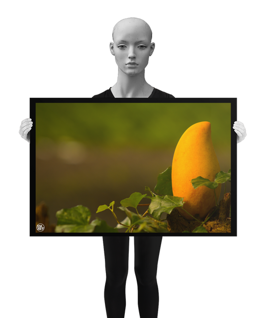 un4rt - photographie of a yellow mango in a forest. the mango is placed on top of a rotten tree trunk. some ivy around the mango. blurry and defocused background. the poster is presented by a mannequin in black and white.