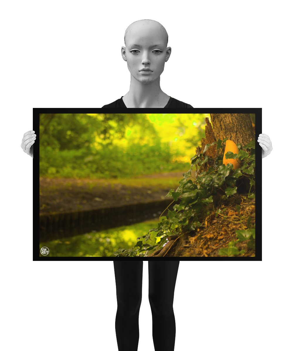 un4rt - photographie of a yellow mango in a forest. the mango is placed next to a rotten tree trunk. some ivy around the mango. a water ditch and lots of leaves in the background. bookeh. the poster is presented by a mannequin in black and white.