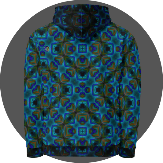 un4rt - the image shows the back of a hoodie with a repeating pattern in bright and dark blue, dark orange and dirty green tones. the pattern includes star-shaped and rectangular elements. large square elements with broad contours overlay the pattern. the colors of the pattern are darkened within the contours of the squares.
