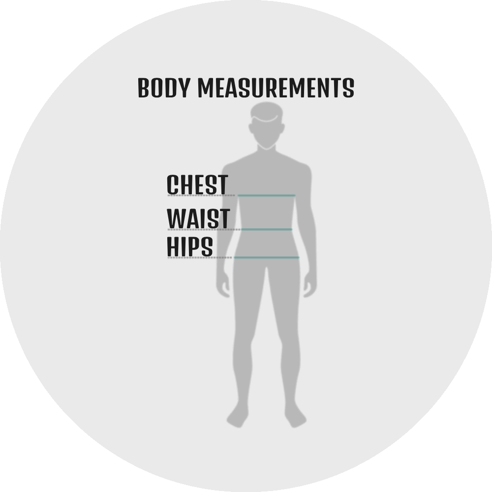 UN4RT size guide – body measurements diagram showing a grey full-body male silhouette with three teal horizontal measurement lines indicating CHEST, WAIST and HIPS positions with bold black labels on the left side, bold black title text reading BODY MEASUREMENTS on a light grey circular background