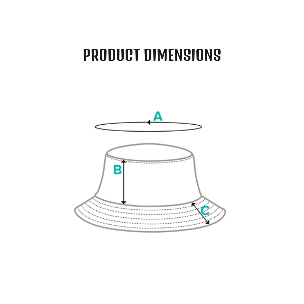 UN4RT size guide – product dimensions line drawing diagram of a bucket hat with wide stitched brim showing three teal measurement indicators: A marking the head opening diameter shown as a flat oval above the hat, B marking the crown height from top of brim to crown top and C marking the brim width on the right side, bold black title text reading PRODUCT DIMENSIONS on a plain white background
