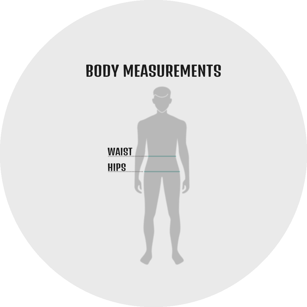 UN4RT size guide – body measurements diagram showing a grey full-body male silhouette with two teal horizontal measurement lines indicating WAIST and HIPS positions with bold black labels on the left side, bold black title text reading BODY MEASUREMENTS on a light grey circular background