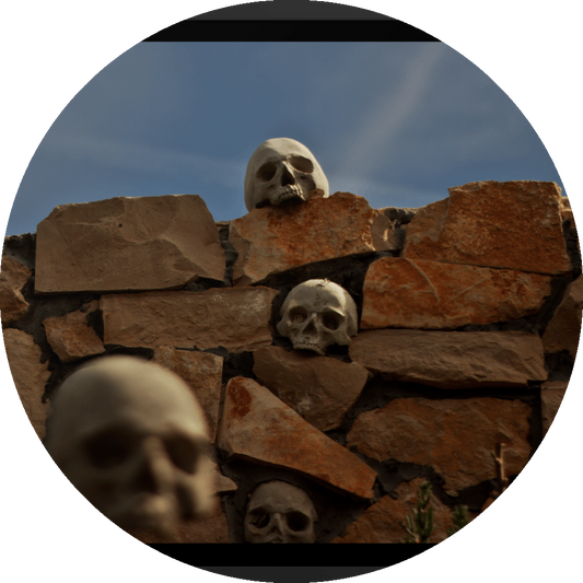 un4rt - the photographie shows a chaotic decorative stone wall with skulls in and on top of it. chemtrails in the sky starting to cover the natural blue of the sky.. one blurry skull in the foregrund.