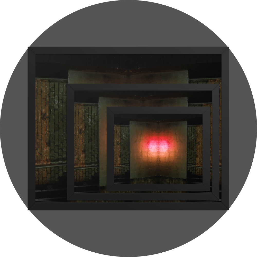 un4rt - the image shows 3 different sizes of the same photographie on top of each other. large size in the back, medium size in the middle and small size on top. the photographie is doubled and then mirrored to create the final image. the photographie shows a brick wall with a porch made of concrete. a steel pipe is coming out of the porch. the colors are mainly golden, but the center of the porch is reflecting light in the colors of orange, red and white.