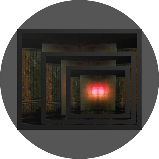 un4rt - the image shows 3 different sizes of the same photographie on top of each other. large size in the back, medium size in the middle and small size on top. the photographie is doubled and then mirrored to create the final image. the photographie shows a brick wall with a porch made of concrete. a steel pipe is coming out of the porch. the colors are mainly golden, but the center of the porch is reflecting light in the colors of orange, red and white.