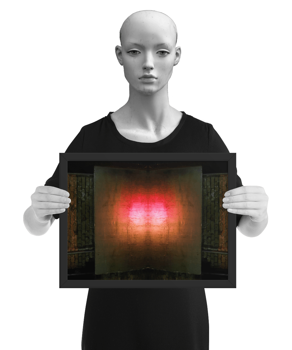 un4rt - the photographie is doubled and then mirrored to create the final image. the photographie shows a brick wall with a porch made of concrete. a steel pipe is coming out of the porch. the colors are mainly golden, but the center of the porch is reflecting light in the colors of orange, red and white. the image is framed and presented by a mannequin in black and white.