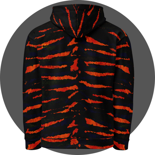 UN4RT tiger lily all-over-print hoodie back view – black pullover hoodie with bold fiery orange-red tiger stripe pattern, small UN4RT logo on upper left back, ribbed hem and cuffs.