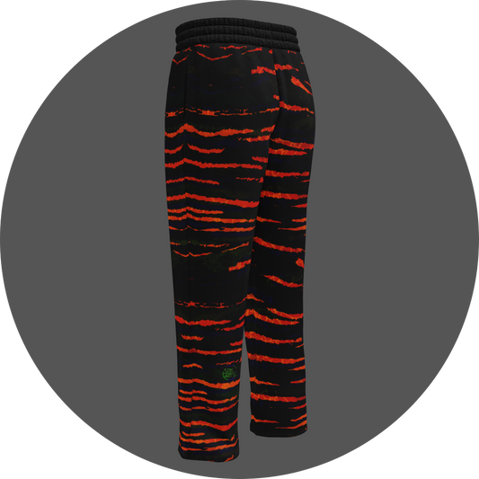 UN4RT tiger lily all-over-print jogging pants back left view – black sweatpants with fiery orange-red horizontal stripe print, elasticated waistband, relaxed straight cut, small UN4RT logo at ankle.