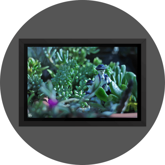 un4rt - the photographie shows 2 small porcelain figures in blue and white in the middle of a variety of succulents. more unsharp succulents in the foreground, very unsharp backround.