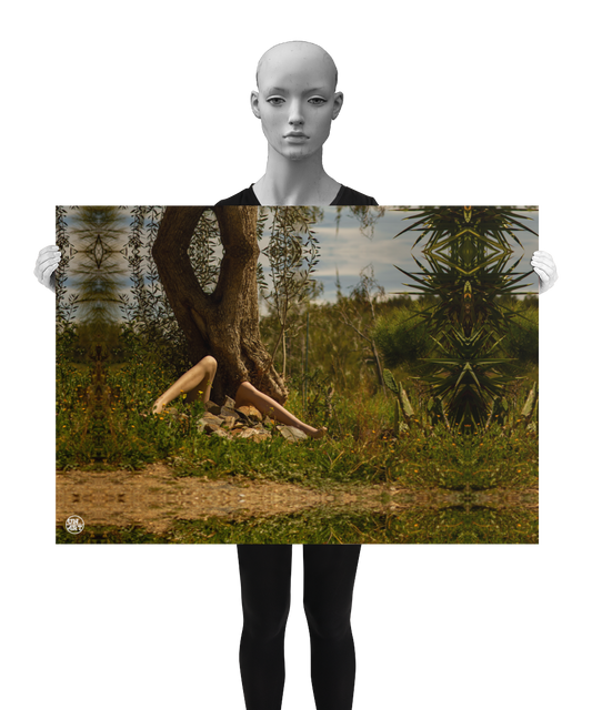 un4rt - a photographie that is mirrored on all sides. the image shows the legs of a mannequin in front of an old olive tree trunk. stones between the legs. it seems like the mannequin is stuck under the trunk. a lot of wild growing greenery around. hills with trees and a cloudy sky in the background. the image is shown by a mannequin in black and white.