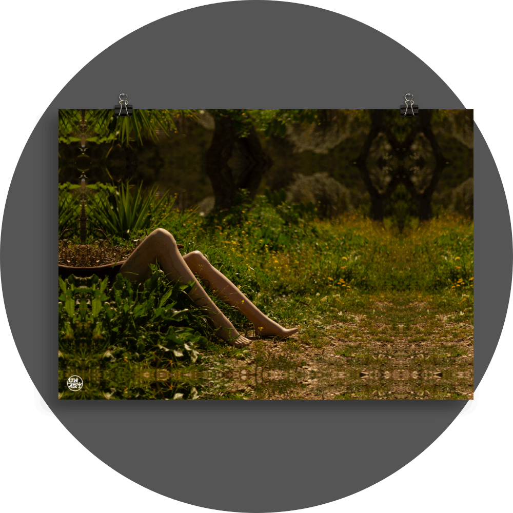 un4rt - a photographie that is mirrored on all sides. the image shows the legs of a mannequin which seems to be stuck under an old bath tub. wild greenery everywhere around. some old tree trunks in the background. unsharp background.