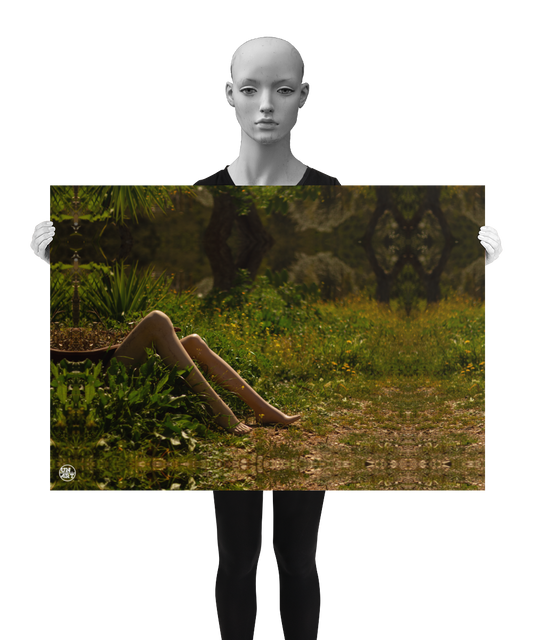 un4rt - a photographie that is mirrored on all sides. the image shows the legs of a mannequin which seems to be stuck under an old bath tub. wild greenery everywhere around. some old tree trunks in the background. unsharp background. the image is shown by a mannequin in black and white.