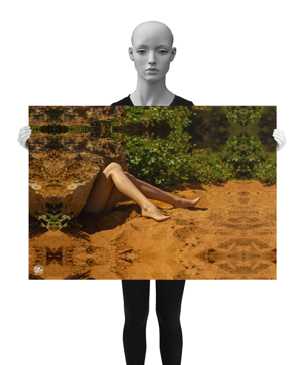 un4rt - a photographie that is mirrored on all sides. the image shows the legs of a mannequin which seems to be stuck under a huge rock. the feet are playing in the sand. wild greenery in the backround. unsharp background. the image is shown by a mannequin in black and white.