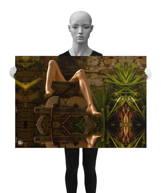 un4rt - a photographie that is mirrored on all sides. the image shows the legs of a mannequin which seems to be stuck inside an old olive mill. some yucca plants next to the mill. ancient stone wall in the background. the image is shown by a mannequin in black and white.