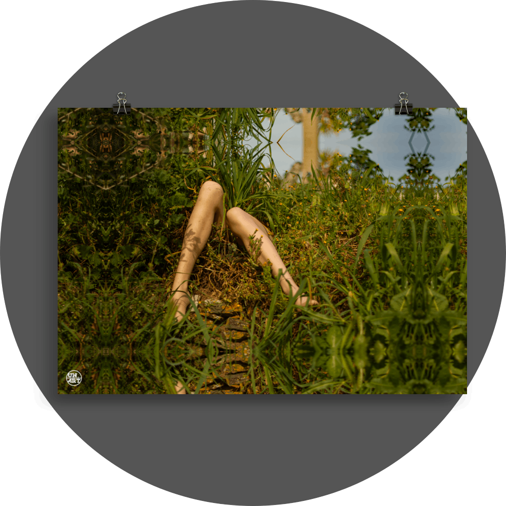 un4rt - a photographie that is mirrored on all sides. the image shows the legs of a mannequin in the middle of wild growing greenery. some old stones underneath the feet, blue sky in the background.