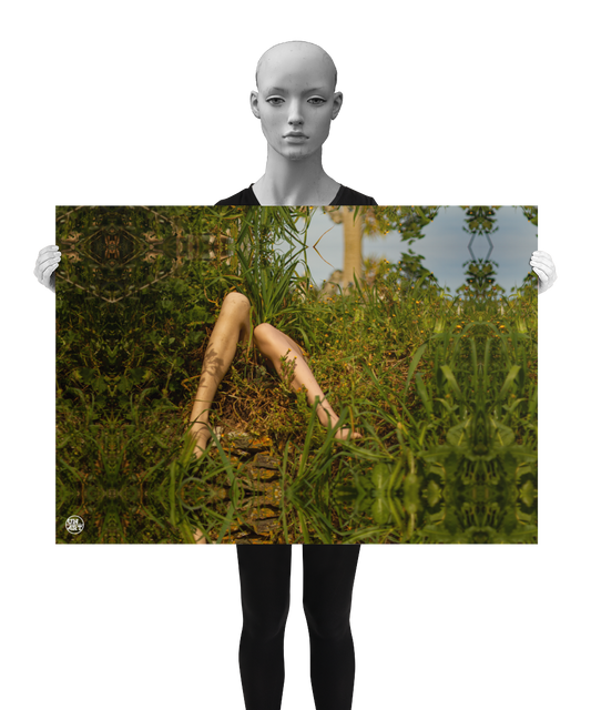 un4rt - a photographie that is mirrored on all sides. the image shows the legs of a mannequin in the middle of wild growing greenery. some old stones underneath the feet, blue sky in the background. the image is shown by a mannequin in black and white.