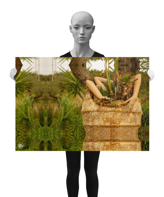 un4rt - a photographie that is mirrored on all sides. the image shows three arms coming out of a huge ancient vase. some plants are planted into the vase. two old tree trunks behind the vase. wild greenery and some hills in the background. the background is unsharp. the image is shown by a mannequin in black and white.