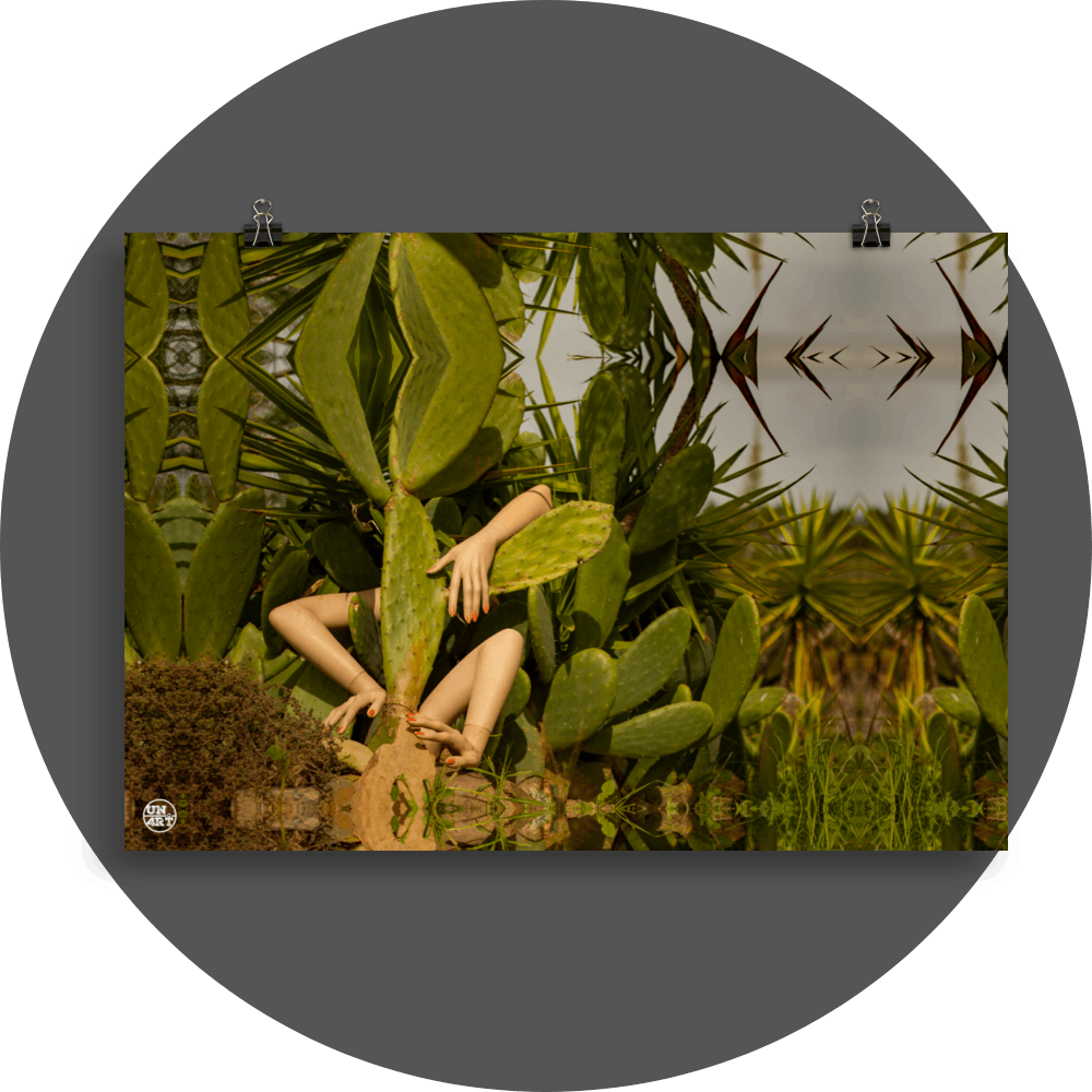 un4rt - a photographie that is mirrored on all sides. the image shows three arms coming out of a huge cactus. wild growing greenery and yucca trees around the cactus. the sky in the background is grey.