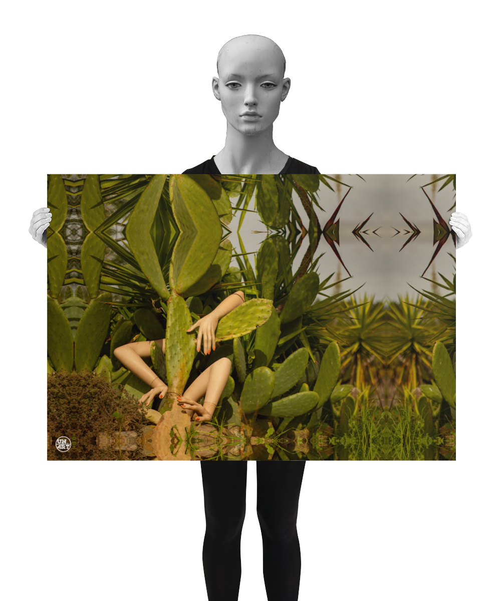 un4rt - a photographie that is mirrored on all sides. the image shows three arms coming out of a huge cactus. wild growing greenery and yucca trees around the cactus. the sky in the background is grey. the image is shown by a mannequin in black and white.