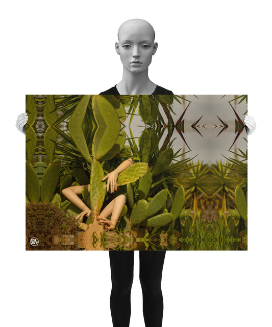 un4rt - a photographie that is mirrored on all sides. the image shows three arms coming out of a huge cactus. wild growing greenery and yucca trees around the cactus. the sky in the background is grey. the image is shown by a mannequin in black and white.