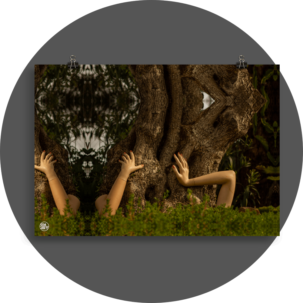 un4rt - a photographie that is mirrored on all sides. the image shows three arms coming out of the bottom of an old olive tree. the hands are touching the trunk. wild greerey in the foreground, eucalyptus leaves in the background.