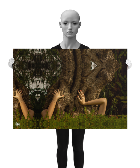 un4rt - a photographie that is mirrored on all sides. the image shows three arms coming out of the bottom of an old olive tree. the hands are touching the trunk. wild greerey in the foreground, eucalyptus leaves in the background. the image is shown by a mannequin in black and white.