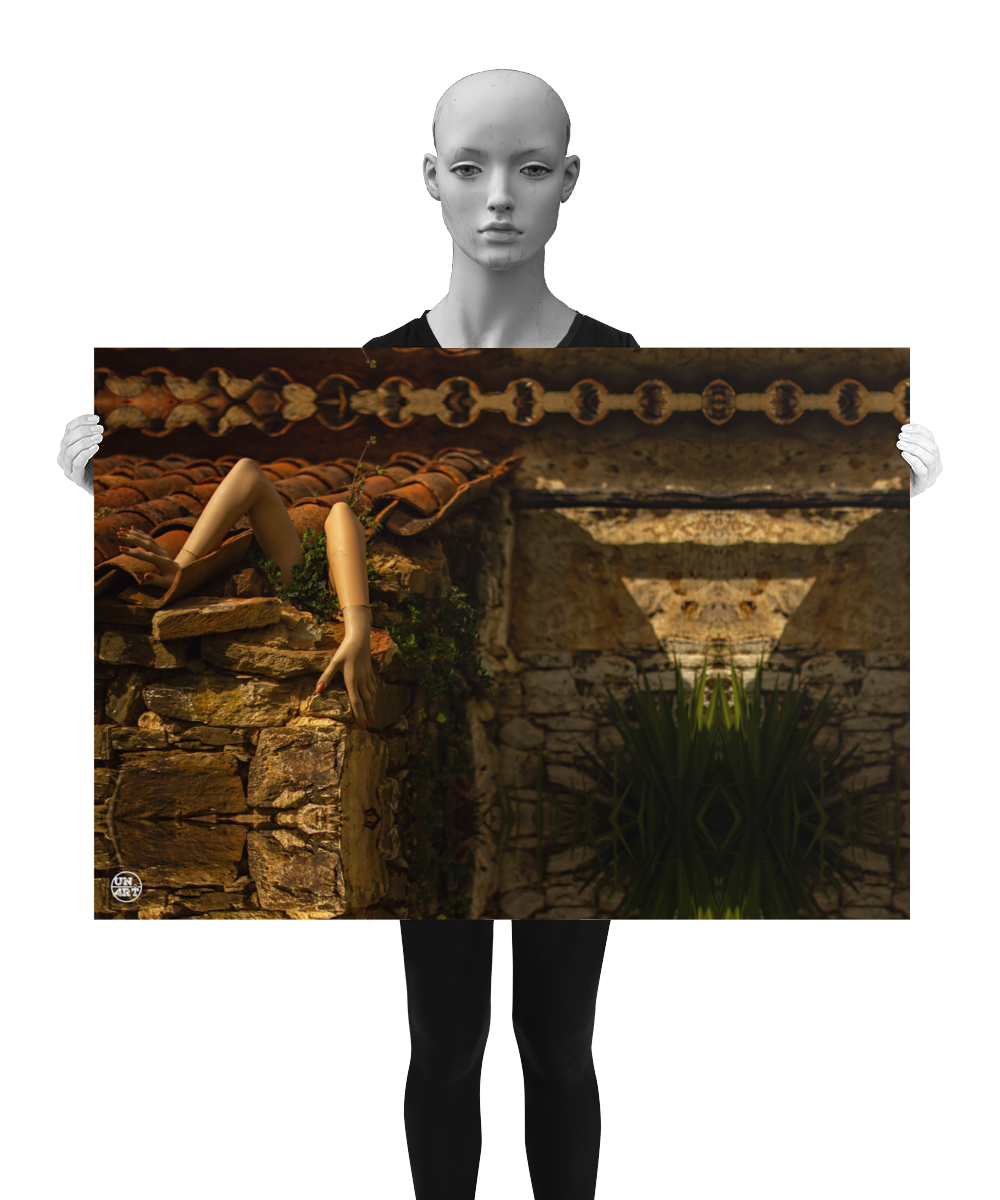 un4rt - a photographie that is mirrored on all sides. the image shows arms coming out of the uncovered corner of an old roof. ancient roof tiles. the walls are made of big old stones. wild greenery growing between the arms. a small yucca tree next to the wall. the image is shown by a mannequin in black and white.